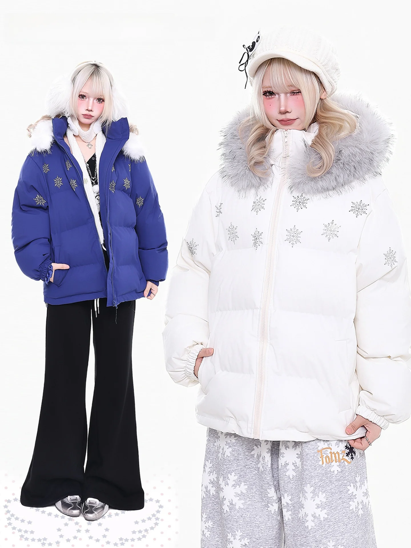 

Orange Marmalade YO Y2K Hotfix Rhinestone Snowflake Pattern Hooded Cotton Jaet Women's Winter Thiened Warm Casual Bread Coat