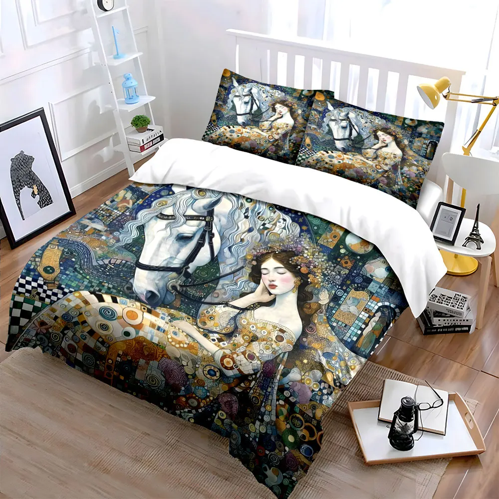 Elegant fantasy horse with woman Duvet Cover Set with 3D Printing Design Soft Polyester Bedding Set All-Season Comfort