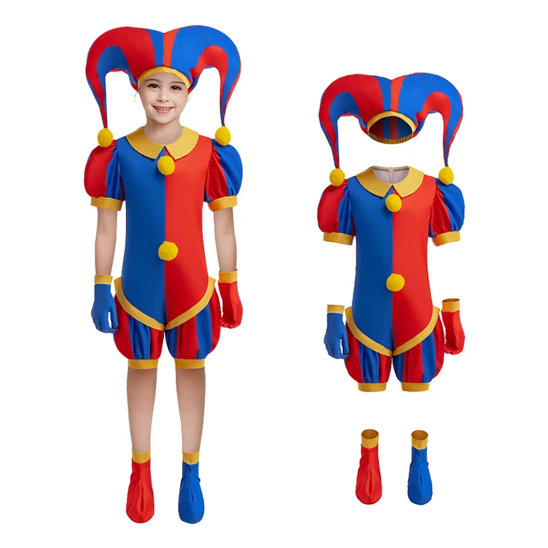 

The Amazing Digital Circus Costume For Girl Romper Halloween Children Hat+Jumpsuit+Gloves+Foot Covers 4PC Outfit Kid Set