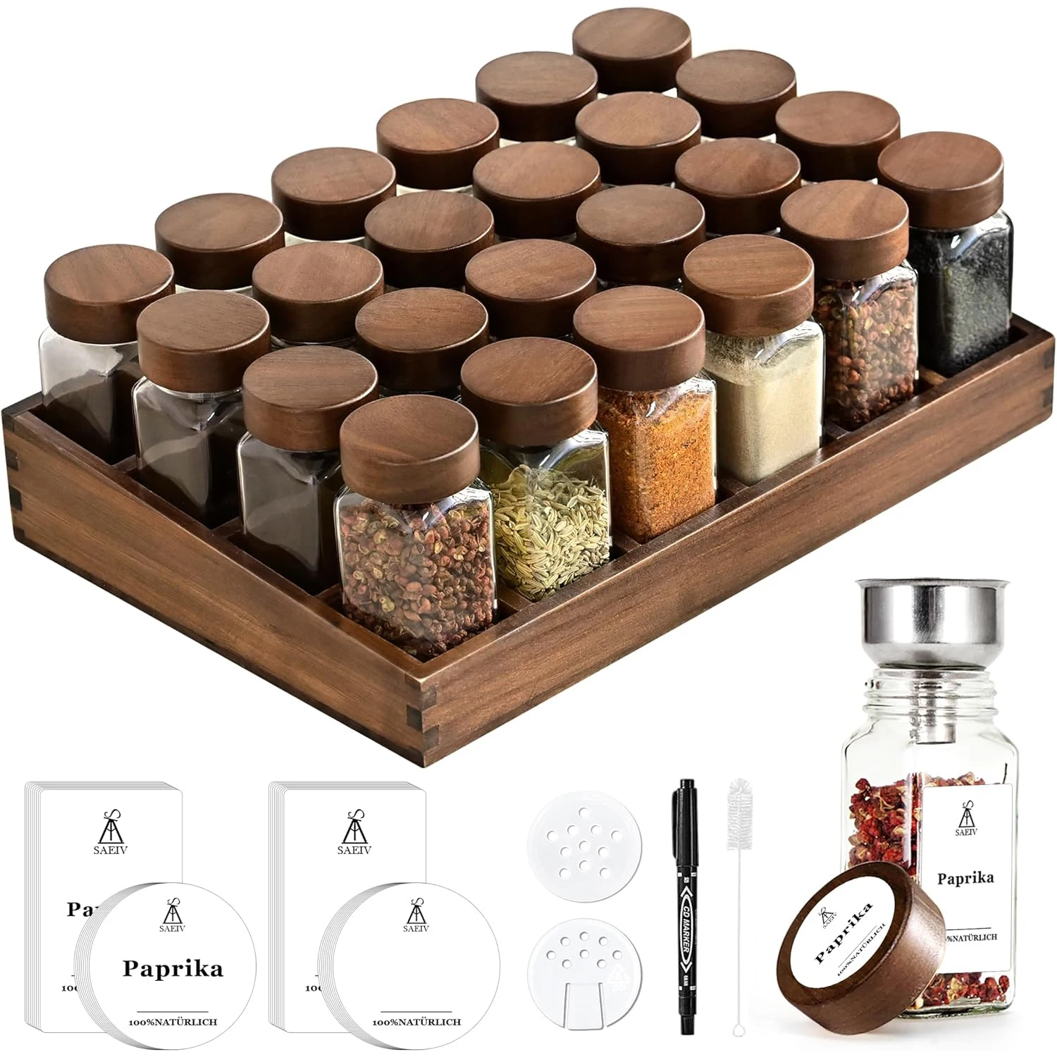 Estante de especias de madera de acacia con tarros y etiquetas de especias de 12/24x120 ml |   Organizador de cocina, fácil de mover para guardar especias