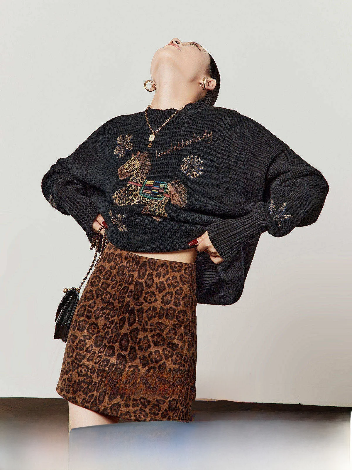 

Rich Color Bla Loose round Ne Printed Women's Sweater Spring New Sle Comfortable Knitted Top by Zhou Li Wu