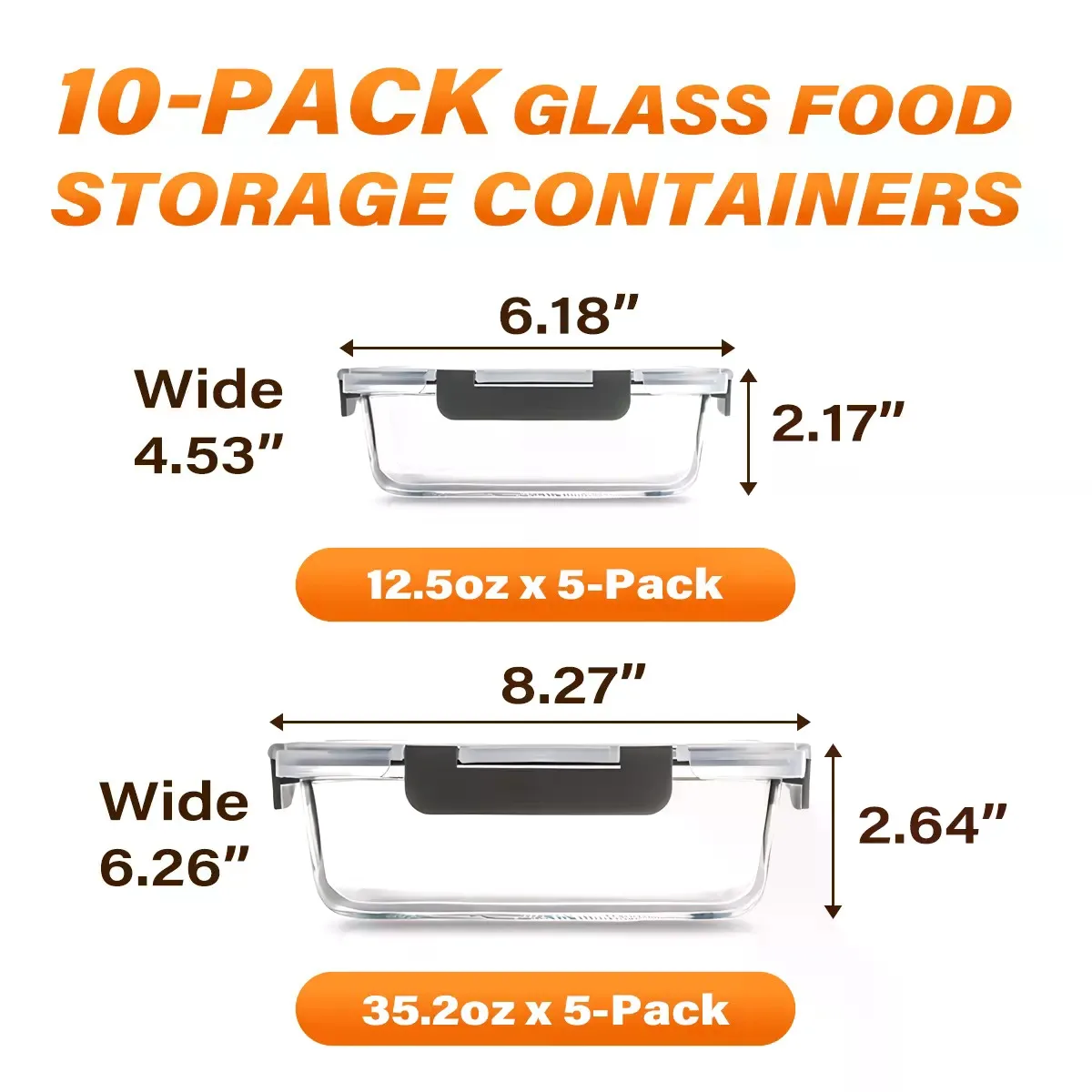 10-Pack (5*35.2oz+5*12.5oz) High Borosilicate Glass Food Storage Containers with 4 Airtight Locking Lids,BPA-Free,Lead-Free,Leak-Proof,Microwave Oven Freezer Dishwasher Safe,Meal Prep & Lunch Bowls,20-Piece (10 Bowls+10 Lids),Grey Rectangle Large Storage