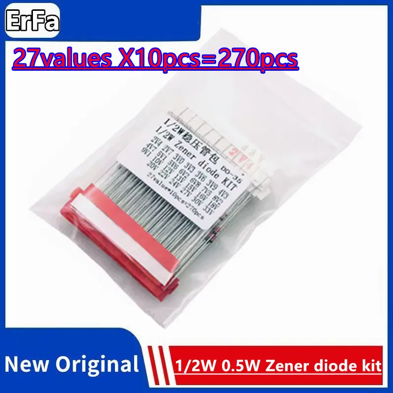 27values X10pcs=270pcs 1/2W 0.5W Zener diode kit DO-35 2.4V-33V 3V3 3V9 4V7 5V1 6V2 10V 12V 20V 24V Assorted component diy kit