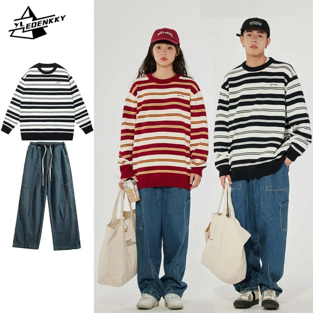 

Уличный комплект в стиле хип-хоп для мужчин и женщин, вязаный свитер в французскую полоску с вышивкой, винтажные прямые свободные джинсы, парная повседневная одежда из двух предметов