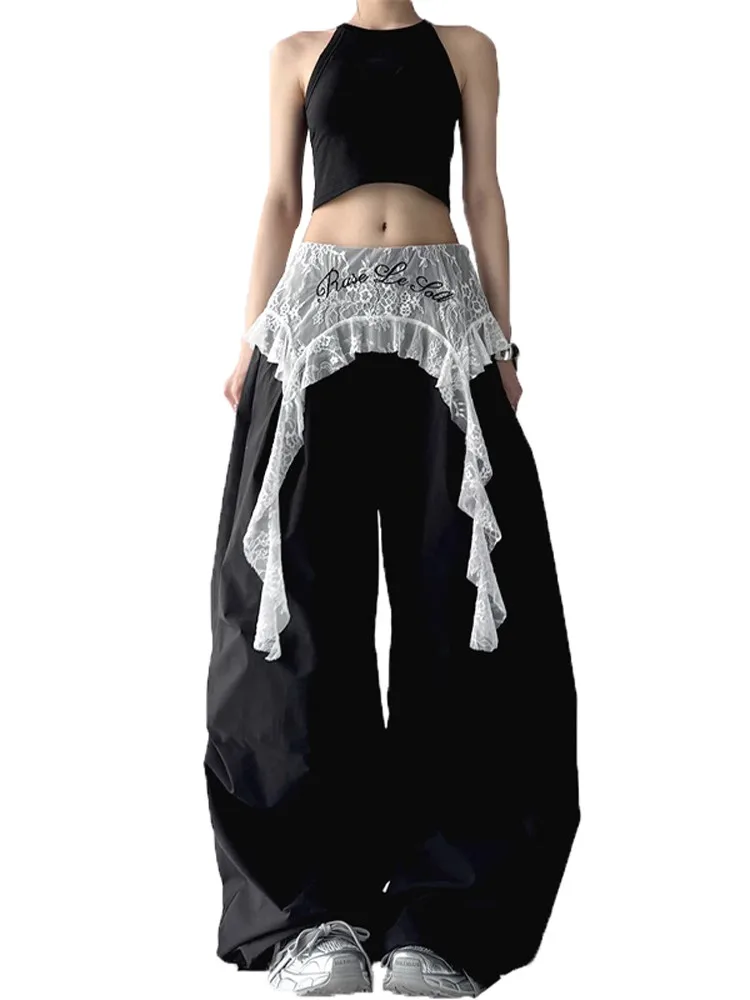 Faionable Spitze, Spleißen, weites Bein, Arbeitskleidung, Hose, locker, lässig, gefälscht, zweiteilig, lang, Sommer, 2025, Frühling, trendig, hohe Taille, Polye...