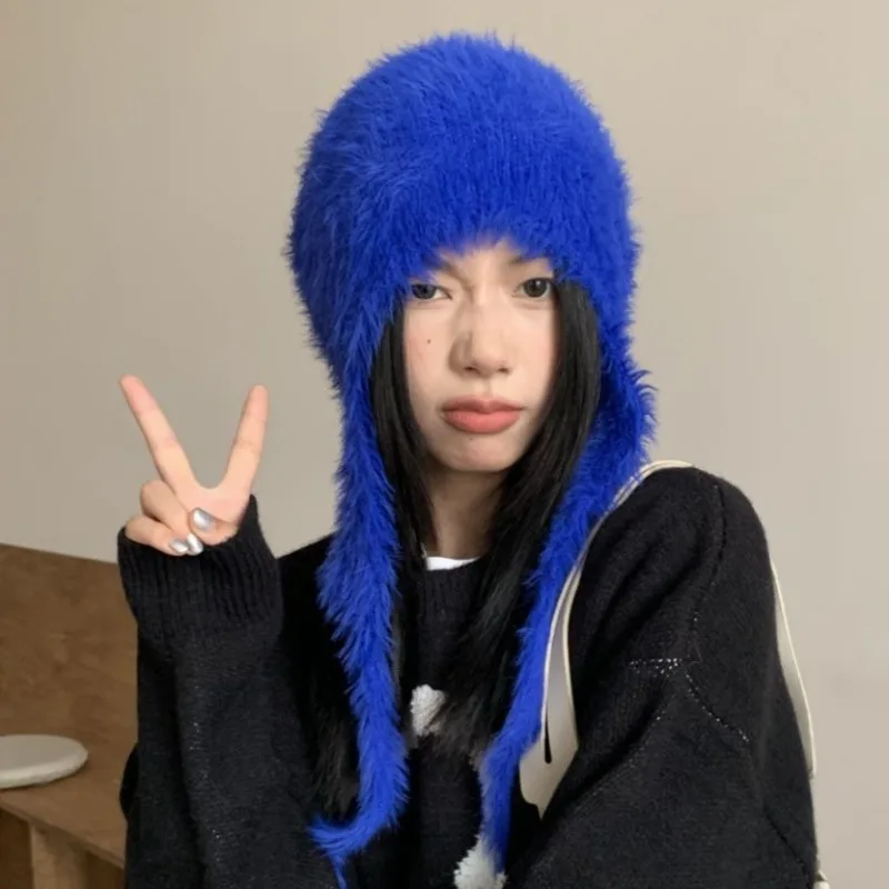 Soft Imitation Mink Fashion Straps Beanies Caps Autumn and Winter Outdoor Travel Versatile Warm Cute Blue Knitted Women's Hats