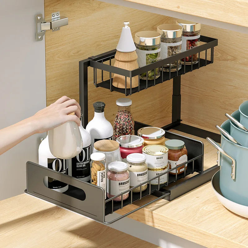 

2-Tier Pull-Out Under Sink Organizer Shelf Cabinet Slide Out Rack Kitchen Countertop Drawout Storage Under Sink Sliding Shelf