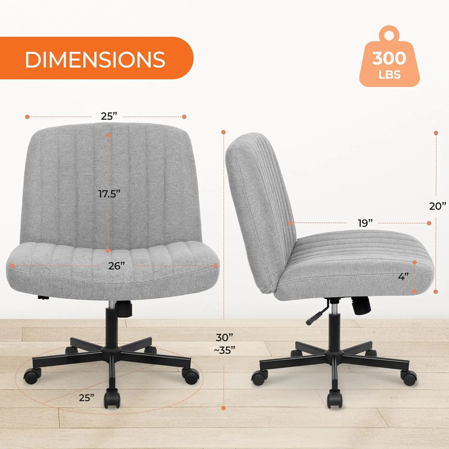 Orange Factory Criss Cross Chair With Wheels, Armless Cross Legged Office Desk Chair, Wide Comfy Vanity Rolling Swivel Modern