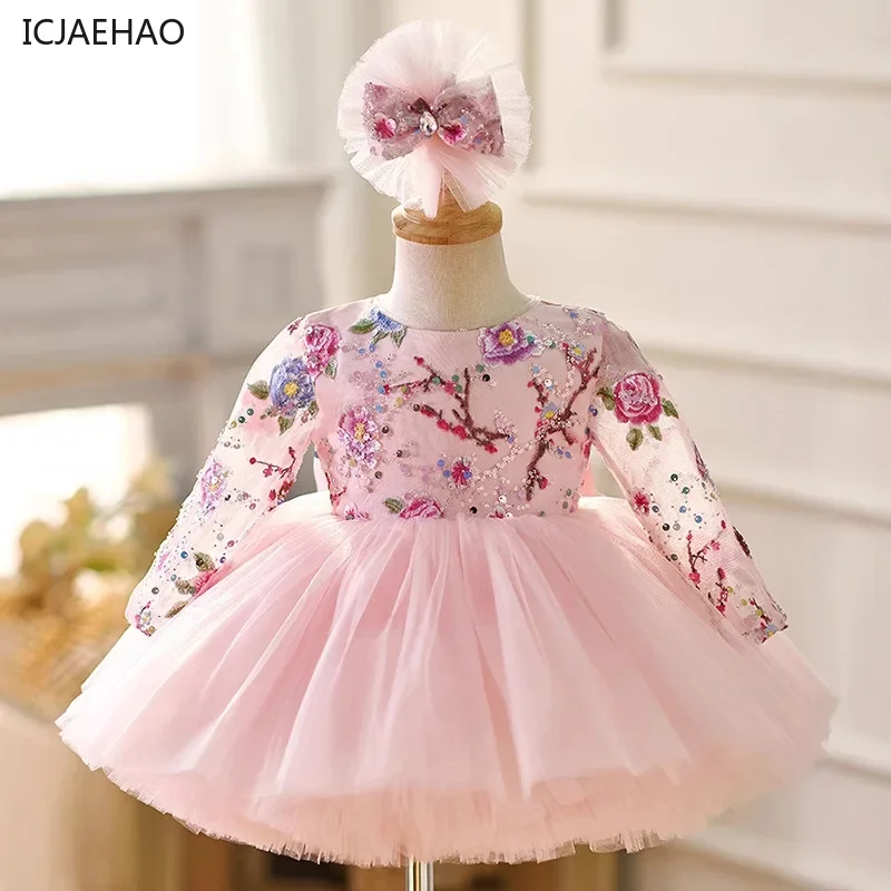 2025 Baby Girl Princess Pink Bow Dress Long Sleeve Infant Toddler Child Shinning Vestido Pink Birthday Party Baby Clothes 1-10y