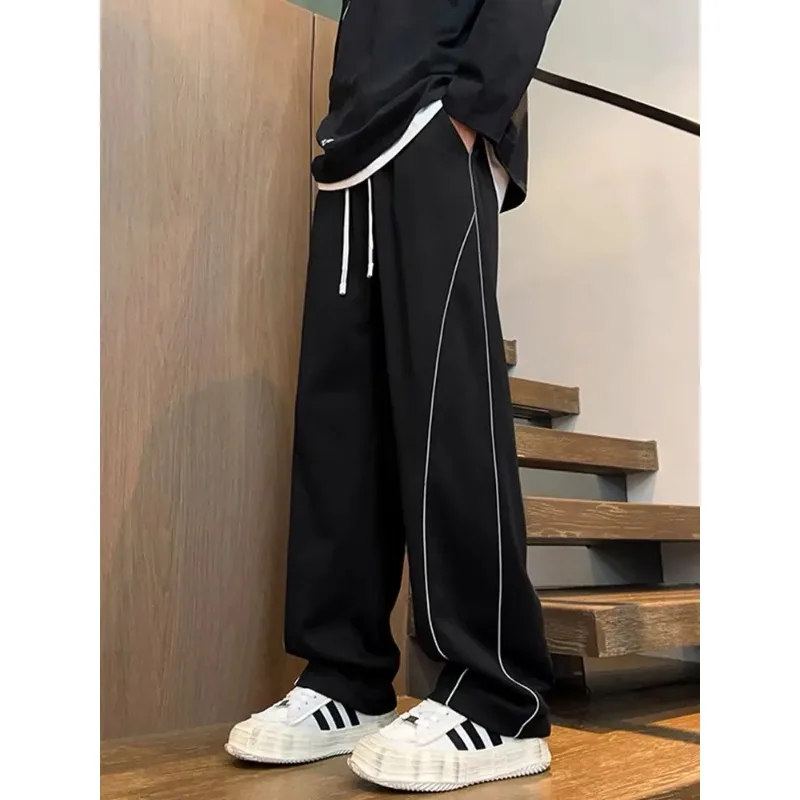 Elastic High-waisted Contrasting American Striped Sports Pants for Men Loose Straight Casual Trendy Sweatpants and Trousers