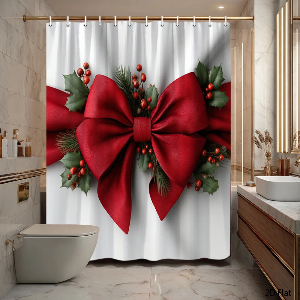 2D Flat, 1pc 2D Flat Christmas Shower Curtain Elegant Red Bow with Holly and Berries Holiday Theme Bathroom Decor Bath Hanging Curtain Set 70.8x70.8 Inch with Hook for Festive Decoration, 2D Flat