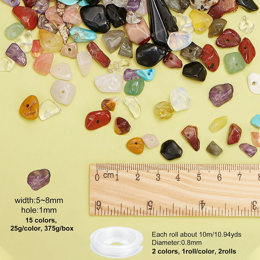 1 Box Chips Beads 15 Materials Chips Irregular Beads Drilled Gemstones Beads with 2 Rolls Elastic Thread for Jewelry Making DIY