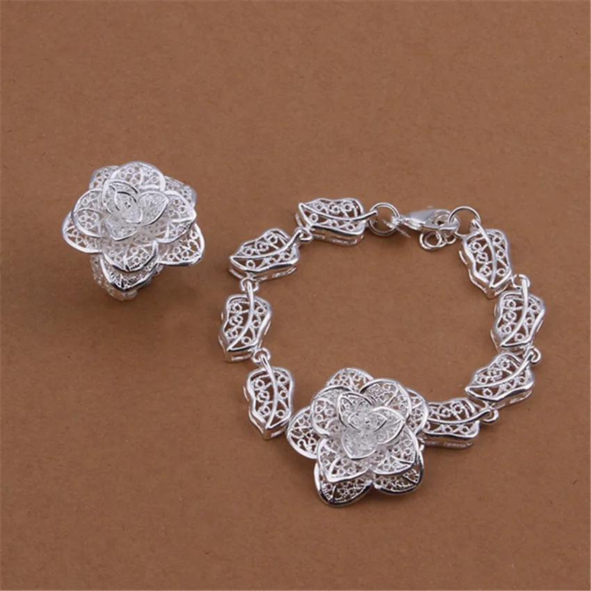 925 sterling Silver Beautiful flower rings bracelet Jewelry set for women charm fashion party wedding accessories Christmas Gift