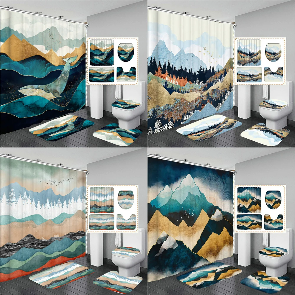 

Nordic Scenery Forest Peak Printed Bathroom Curtains Fabric Shower Curtain Set Bath Mats Rugs Toilet Lid Cover Non-slip Carpet