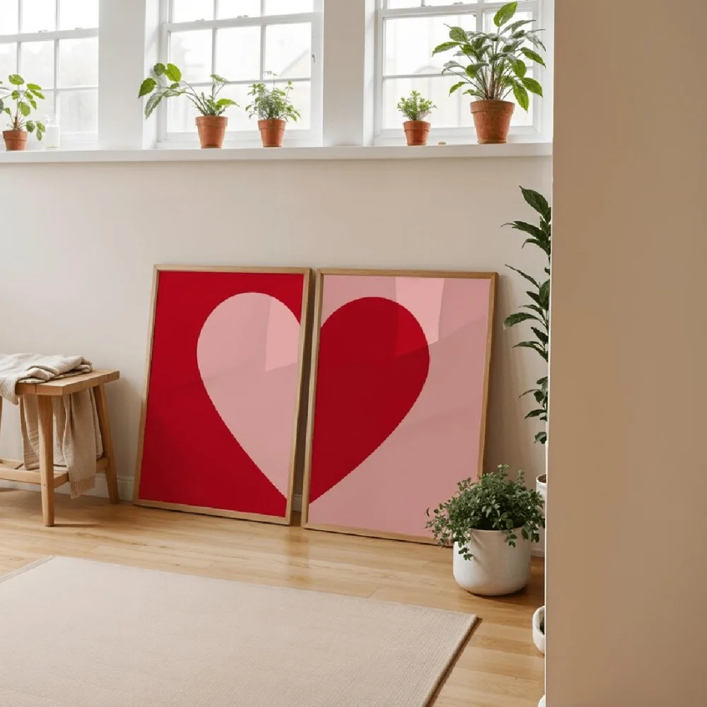 2pcs Frameless Retro Heart Wall Art Set, Pink and Red Love Canvas Printing, Simple Modern Decoration for Bedroom and Living Room