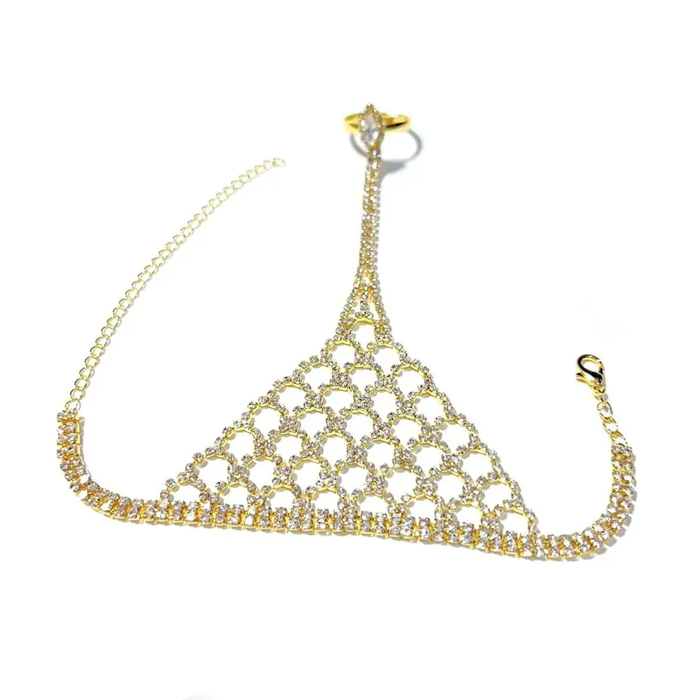 Rhinestone Tassel Ethnic Dance Accessory Adjustable Simple Golden Finger Bracelet Durable Multi Layer Hollow Geometric Pendant