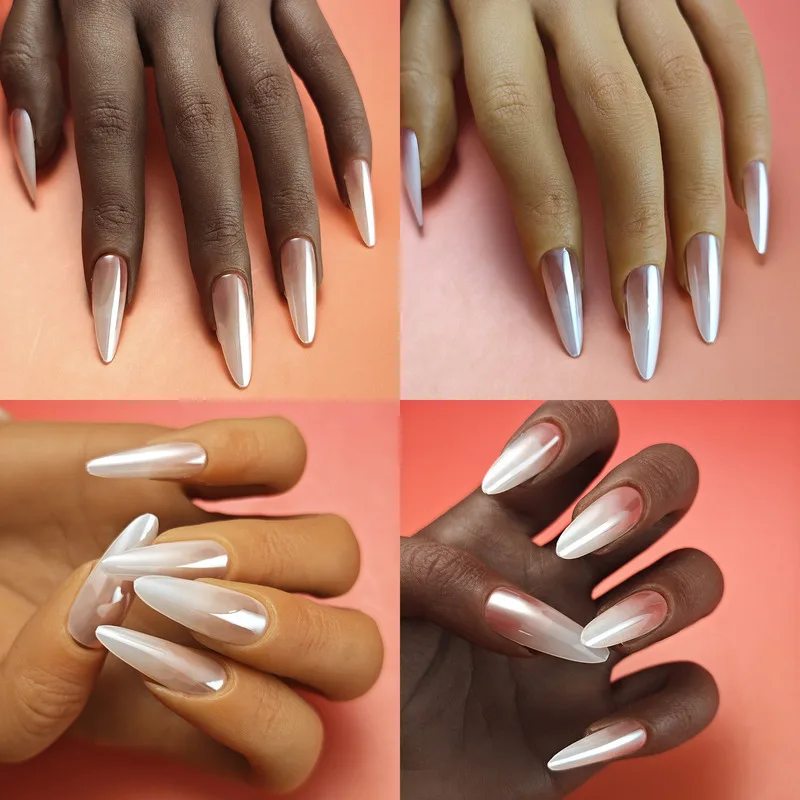 

Длинные туфли на шпильках для ногтей от белого до розового цвета с градиентом, глянцевая хромированная пудра, жемчужное ореол, мерцающее шампанское