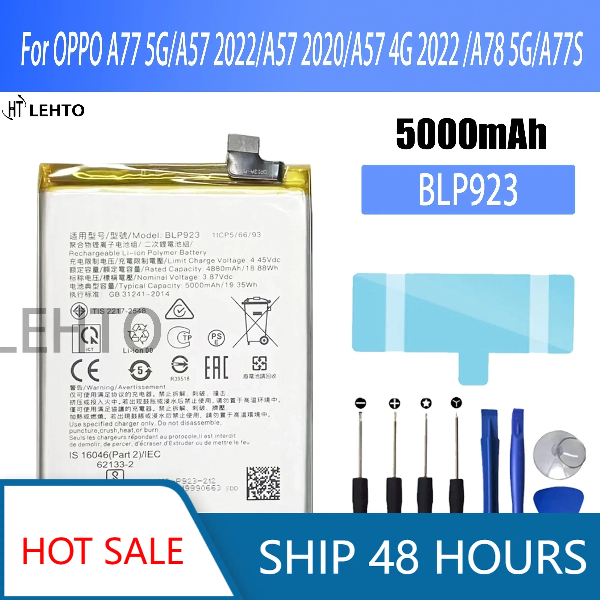 

100% Original BLP923 Battery For OPPO A77 5G/ A57 2022/ A57 2020/A57 4G 2022 /A78 5G/A77S Phone Replacement Bateria