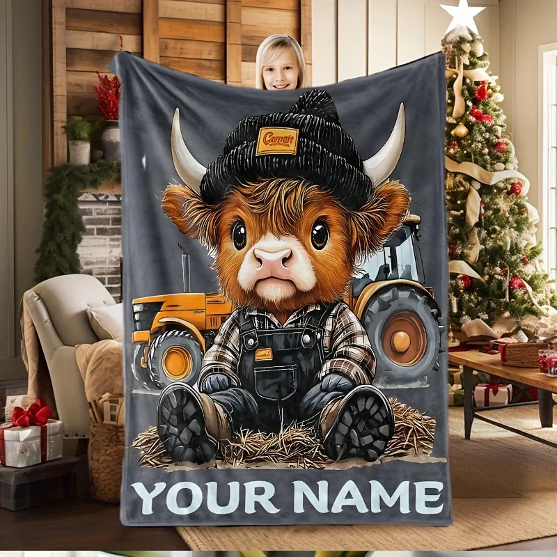 1 personalized name customized gray car highland cow blanket suitable for all seasons, soft flannel shawl with cute winter cow