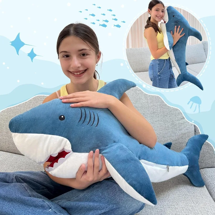 39 Zoll riesiges blaues gefülltes Hai-Plüschtier für und Freundin, weiches Kissen, Geschenk mit niedlichem Design