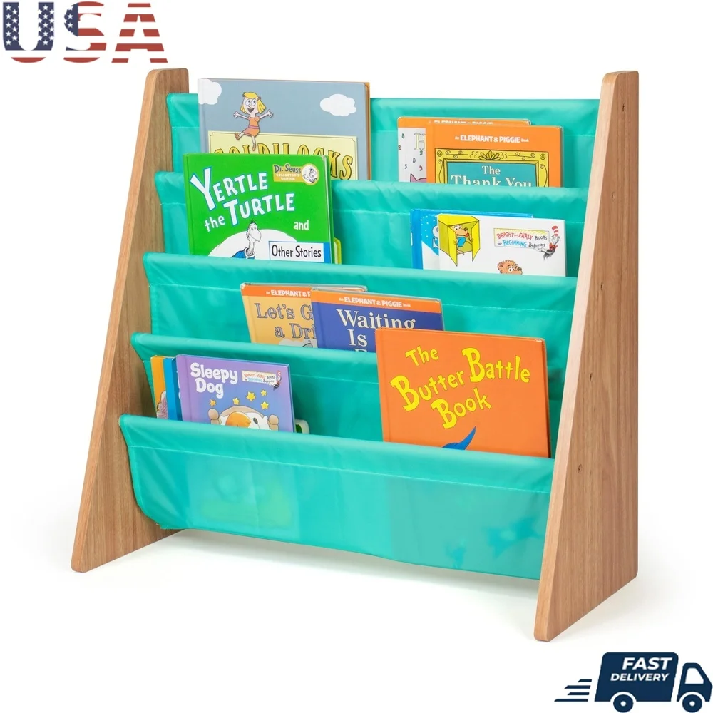 

Kids Bookcase 4 Tier Storage Natural Wood Fabric Pockets Easy Clean Portable Toddler Bookshelf 3 to 8 Years Old