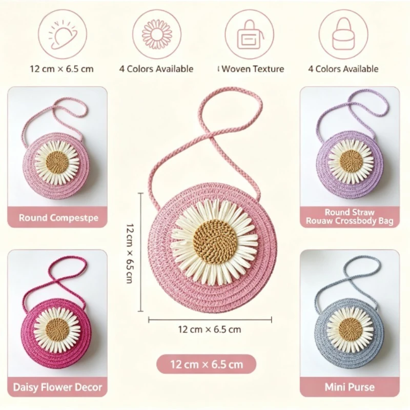 Straw Woven Mini Round Bag, Sun Flower Kids Crossbody Purse, Girls Travel Coin Purse Key Pouch, Mixed Styles Casual Outdoor