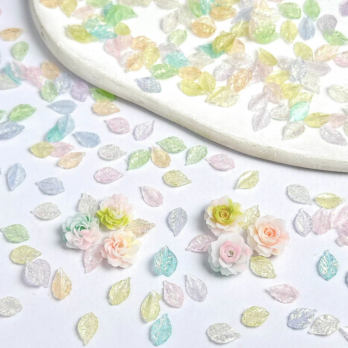 

100PCS Translucent Jelly Colorful Leaf Nail Charms 3D Luminous Fine Sparkling Leaf Resin Nail Art Decorations for DIY Nail Parts