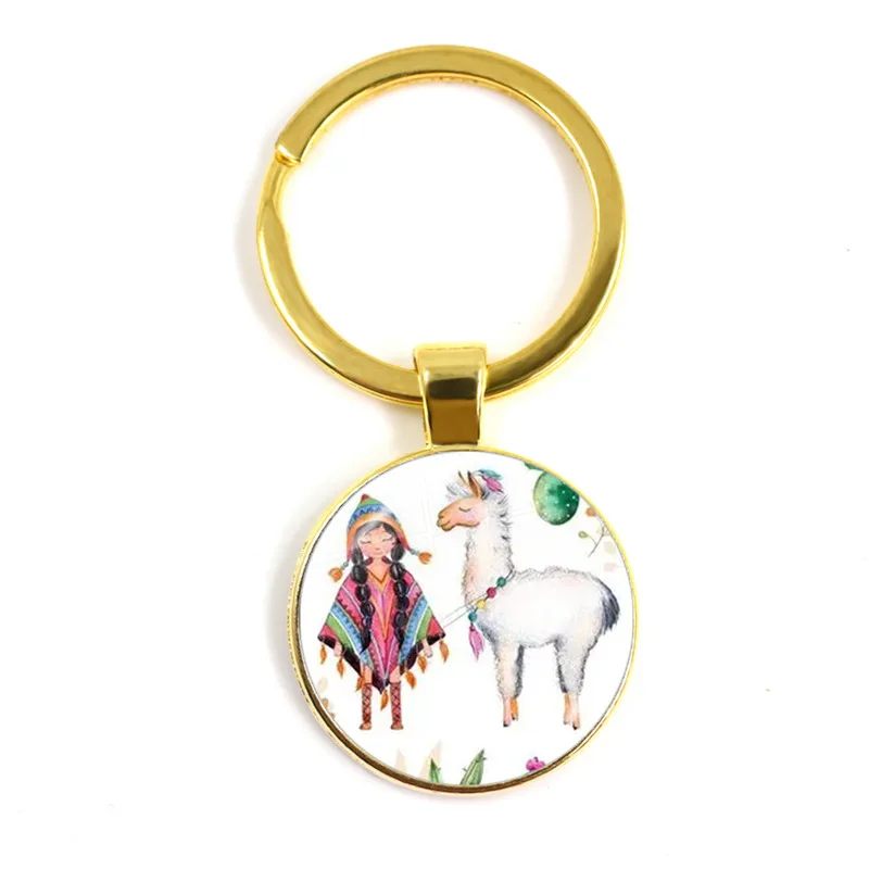 2022 Fashion Animal Lama Alpaca Art Picture Keychain Cute Casual Sheep Glass Cabochon Key Ring Couple Gift