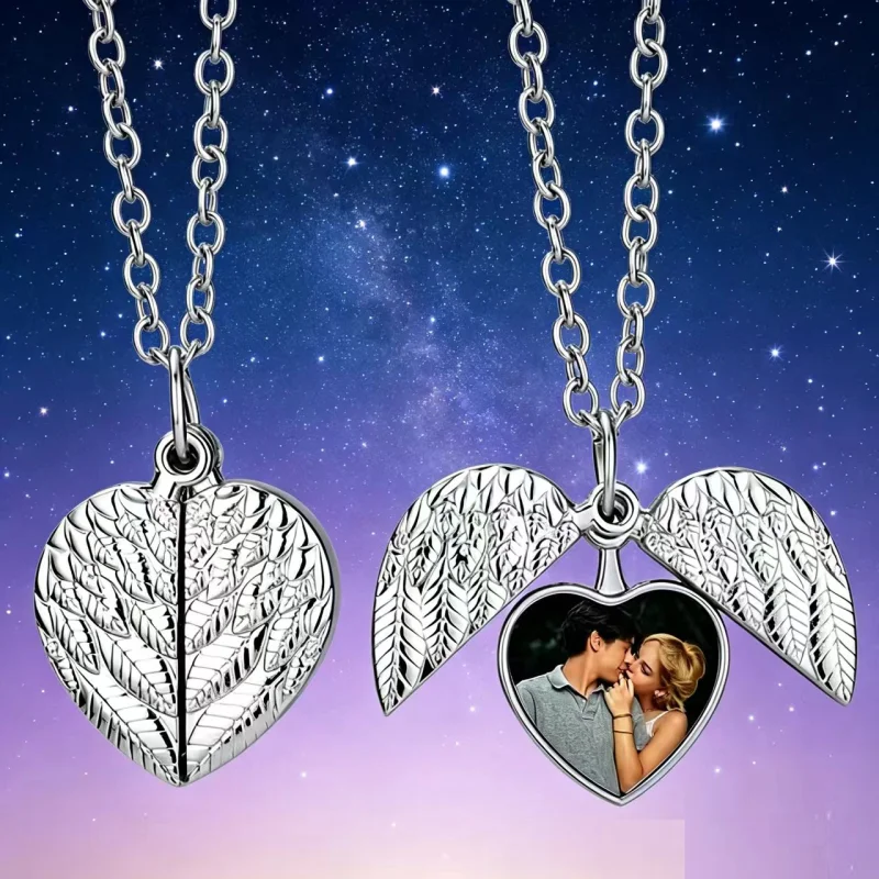 

Silver Angel Wings Heart Locket Necklace, Custom Photo Pendant, Personalized Memorial Jewelry, Valentine's Day Gift for Lovers