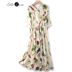 2024 New Fruit Pie Printed Silk Dress Women's Fashion New Drawstring Mulberry Silk Medium Skirt A-line Skirt Round Neck