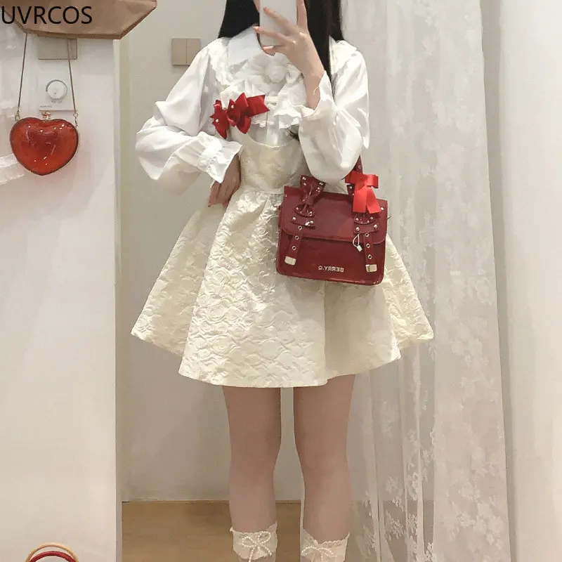 Victorian Vintage Lolita Blouses Women White Kawai Lace Peter Pan Collar Rose Bow Chiffon Shirts Black Elegant Long Sleeved Top