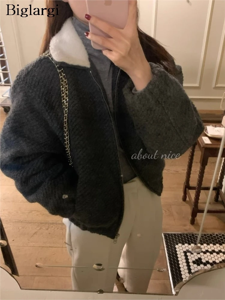 

Autumn Winter Padded Cotton Lambswool Patchwork Coat Women Korean Style Fashion Ladies Cropped Jackets Loose Casual Woman Coats