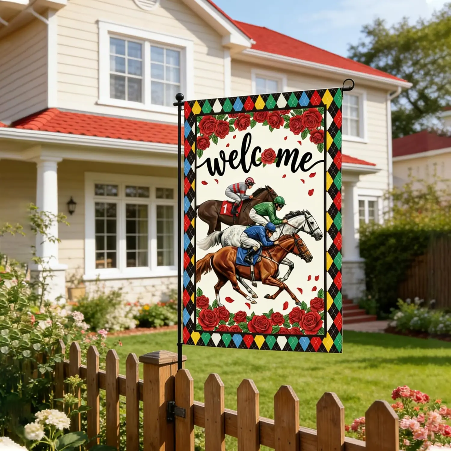 Horse Racing Welcome Garden Flag, Derby Theme Garden Flags for Outside, Red Rose Harlequin Yard Porch Lawn Decor (12