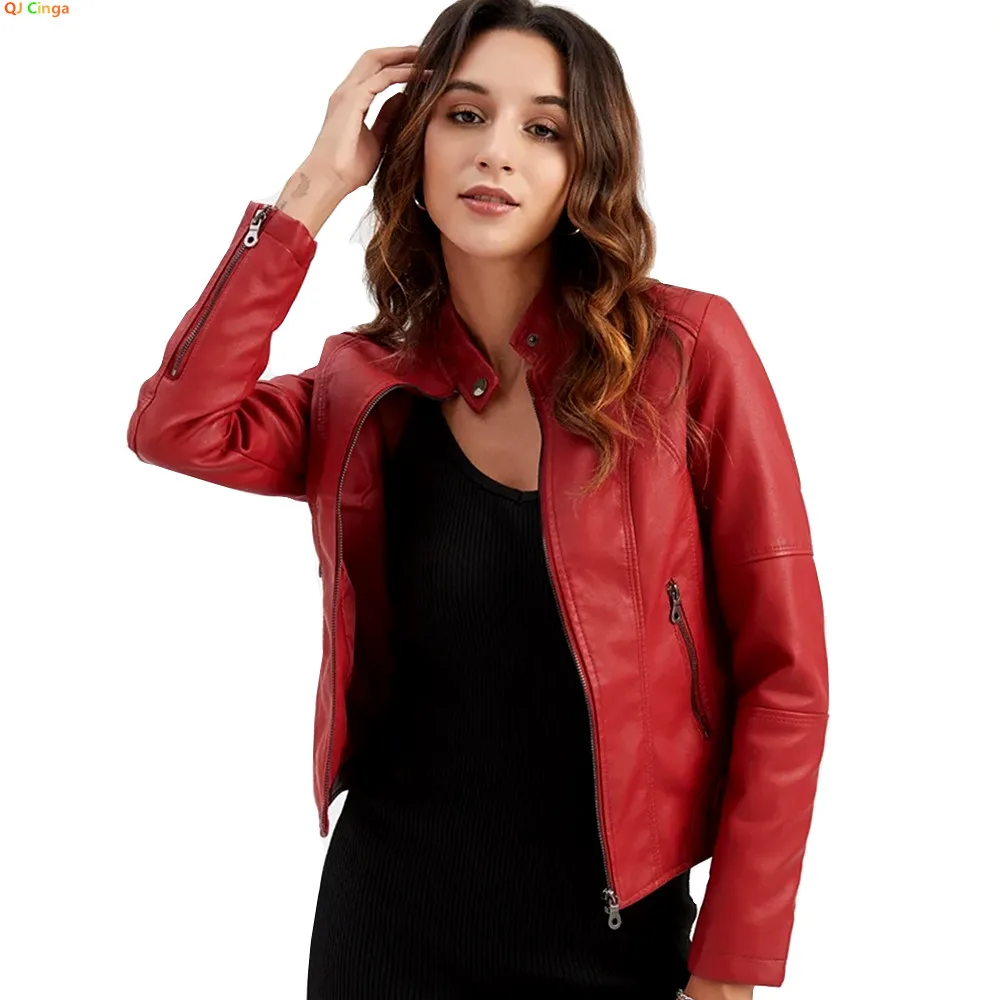Women's Red PU Jacket, Vertical Collar Zipper Motorcycle Leather Coats,  Fashion Casual Coat Female Outerwear, Black Purple Top.