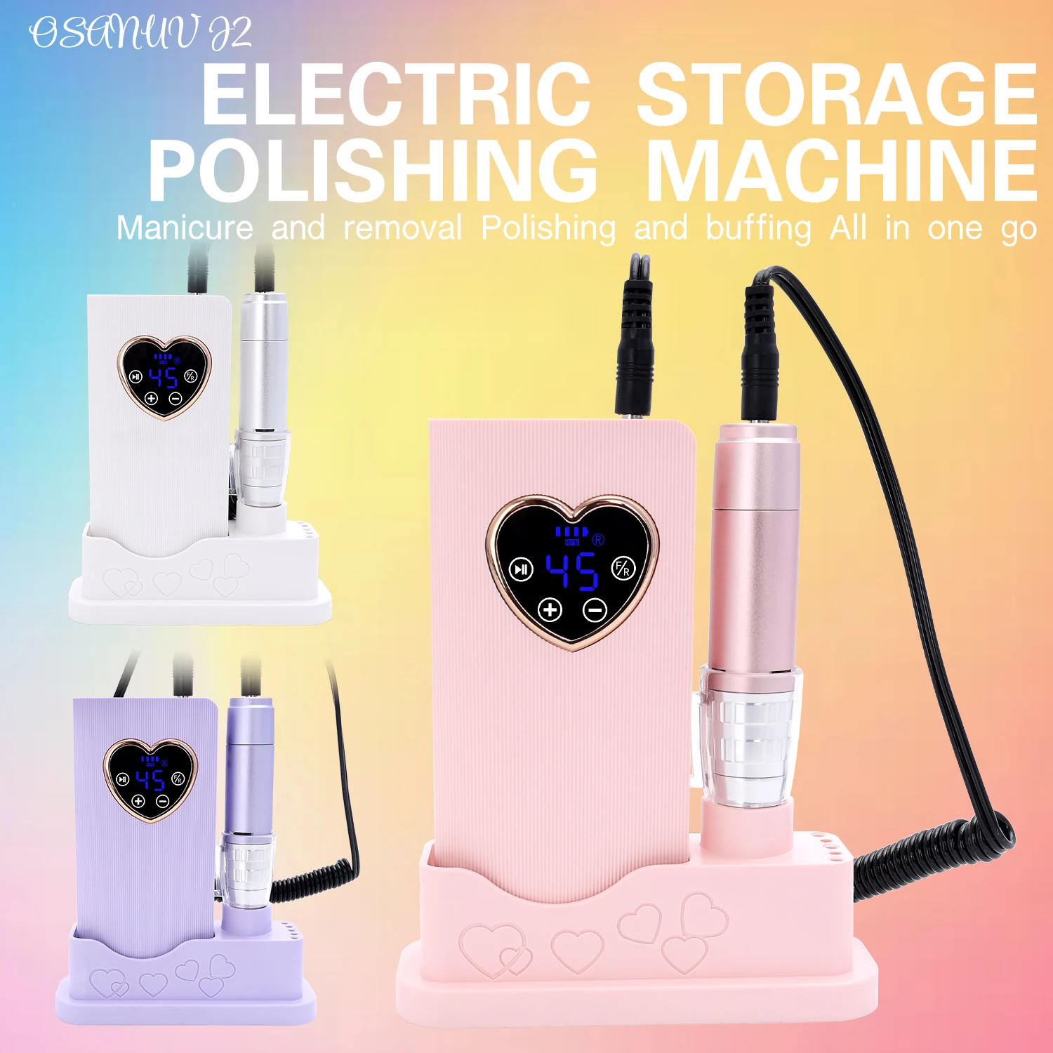 USB rechargeable nail polisher set with bracket and three replacement polishing heads, portable nail polisher and pedicure.