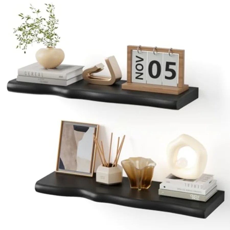 

Solid Wood Live Edge Floating Shelves Set of 4" Rustic Wall Shelf with Hidden Bracket System, Wall Mounted Shelves for Bathroom