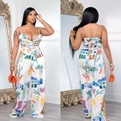 Fashion Print 2 Piece Set Women 2024 Summer Sexy  Adjustable Shoulder Strap Camis Tops High Waist Wide Leg Beach Vacation Outfit