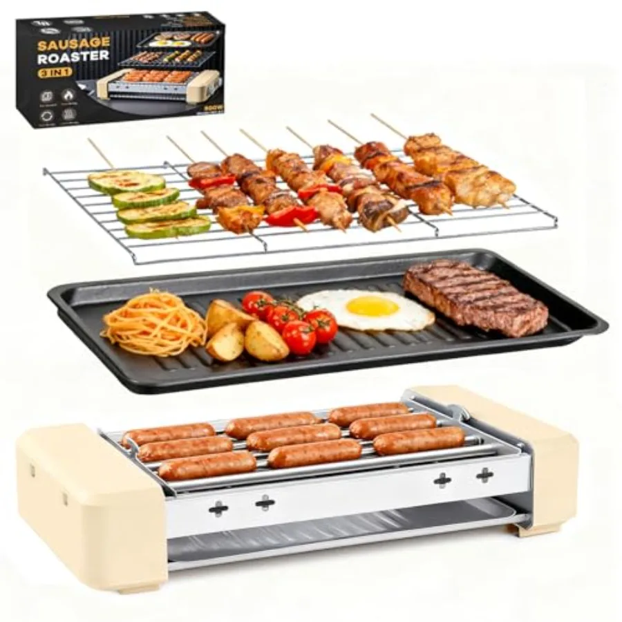 

Electric Hot Dog Roller 3 in 1 Indoor Grill Portable Non-stick Smokeless Removable Grill BBQ Griddle Plate Stainless Steel Saus