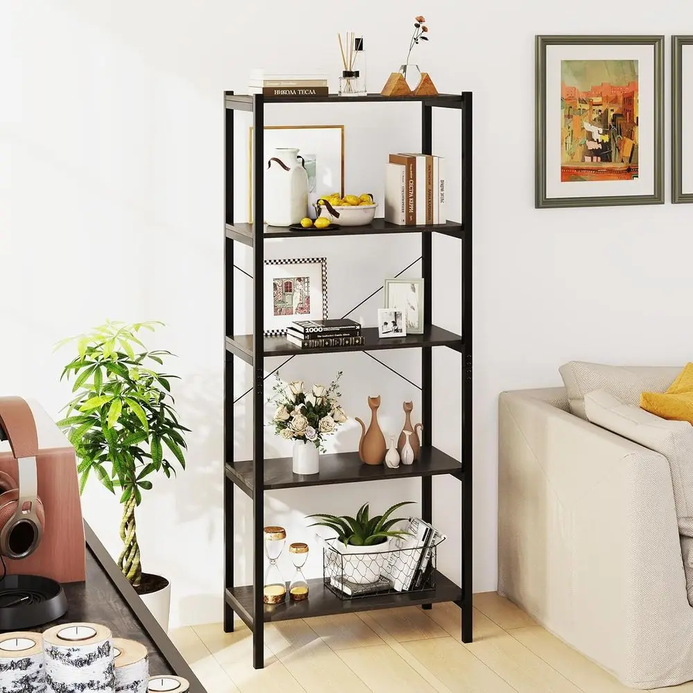 5-Tier Wooden Bookshelf - 63.5 Tall Open Storage Organizer with Anti-Tip and Floor Protectors, Grey Steel Rack for Living Room,