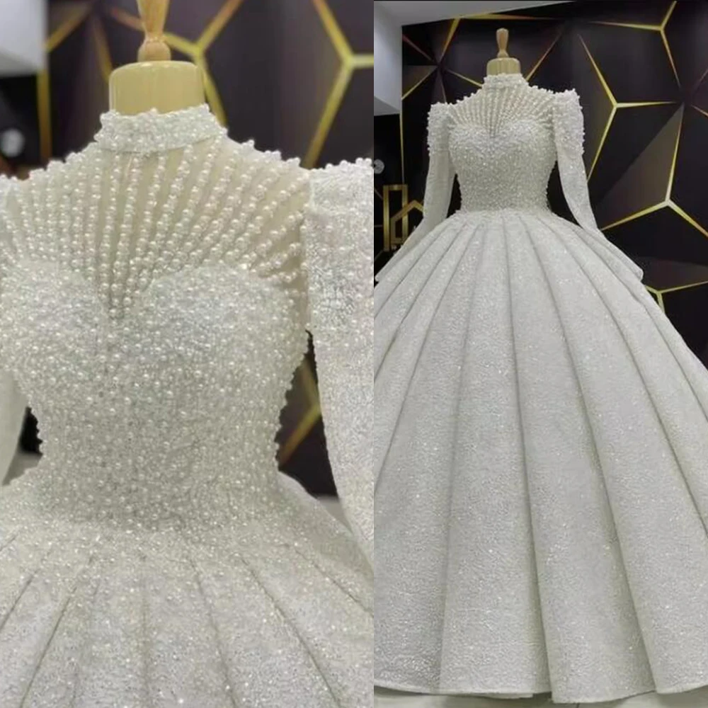 Luxury Pearls Wedding Dresses Customized High Collar Long Sleeves Ball Gowns Beads Bride Tuxedos Women Outfits vestidos de novia