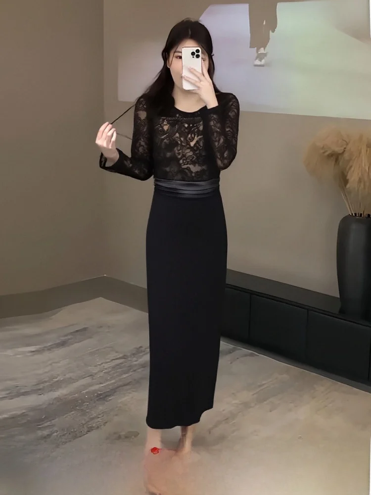 

Комплект: кружевное нижнее белье и юбка миди с высокой талией для полных женщин, зимний модный утепленный комплект с длинными рукавами и круглым вырезом