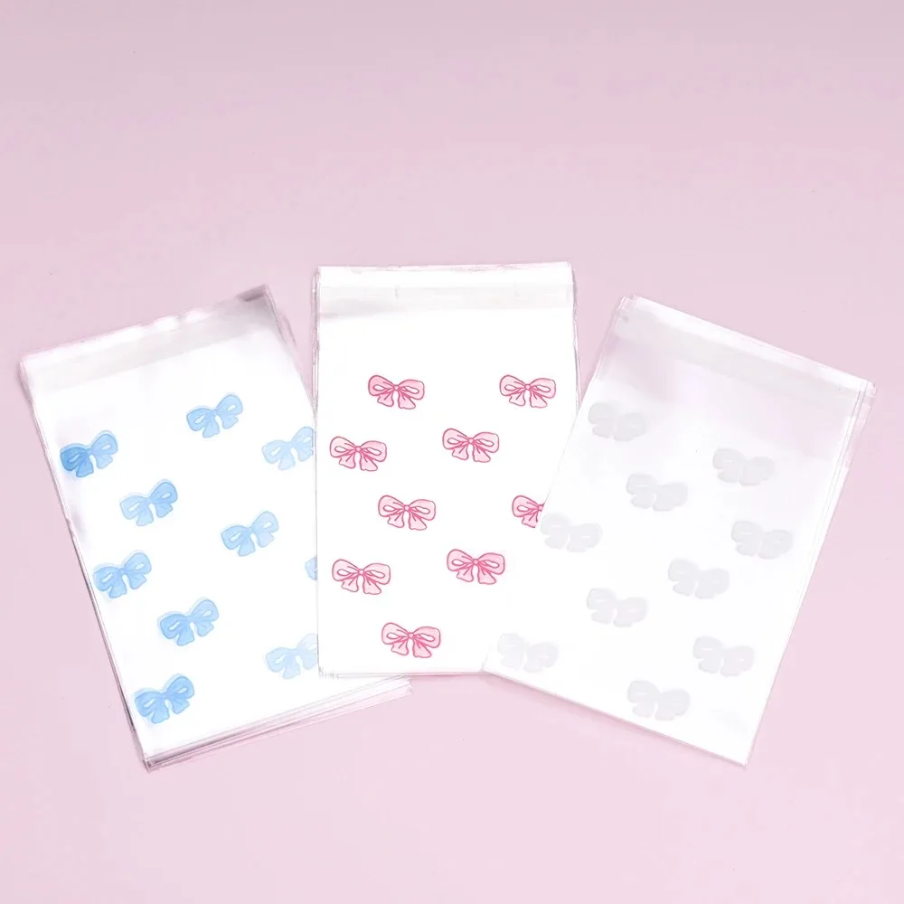 100pcs 8x10cm Kawaii Bow Print Self Adhesive OPP Sealing Bags For Kpop Photo Card Badge Biscuit Small Gift Candy Storage Pouches
