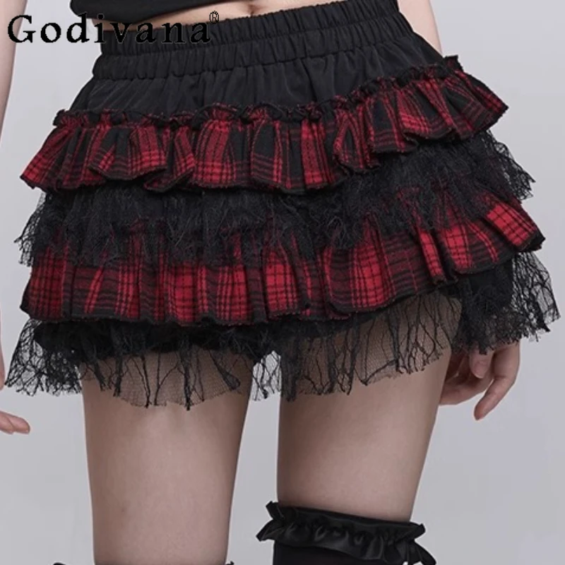 

Summer Cool Girls Music Festival Subculture Plaid Cake Skirt New Lace High Waist A-line Chic Elastic Waist Mini Versatile Skirts