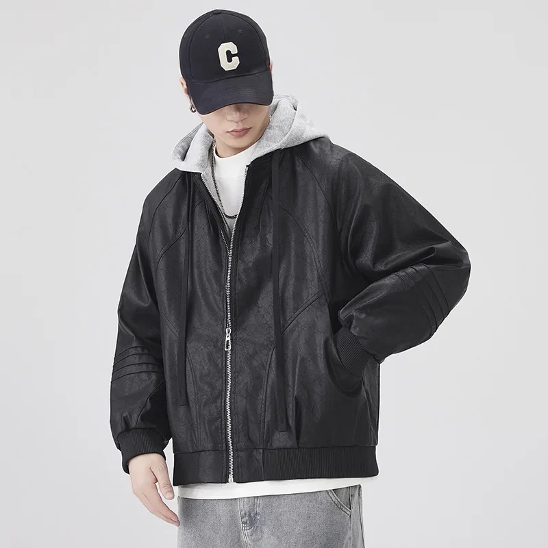 

Man Plus Size Bomber Coat Motorcycle Jackets Men's American Streetwear Retro Fashion Loose Casual Splice Hooded Leather Jacket