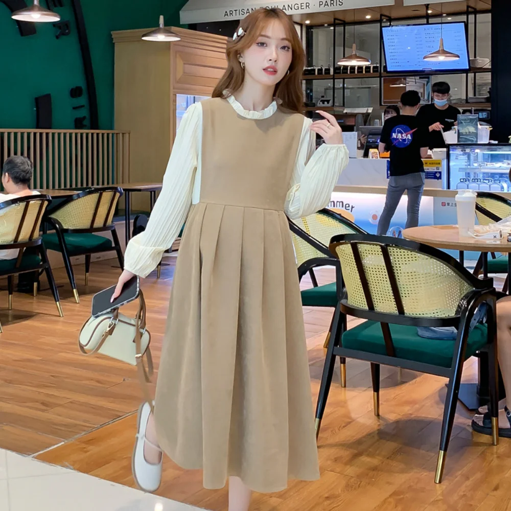 Korean Style Maternity Dress Long Sleeve O-neck Stretched Pregnant Woman Clothes pregnancy photoshoot Dress Autumn vestidos