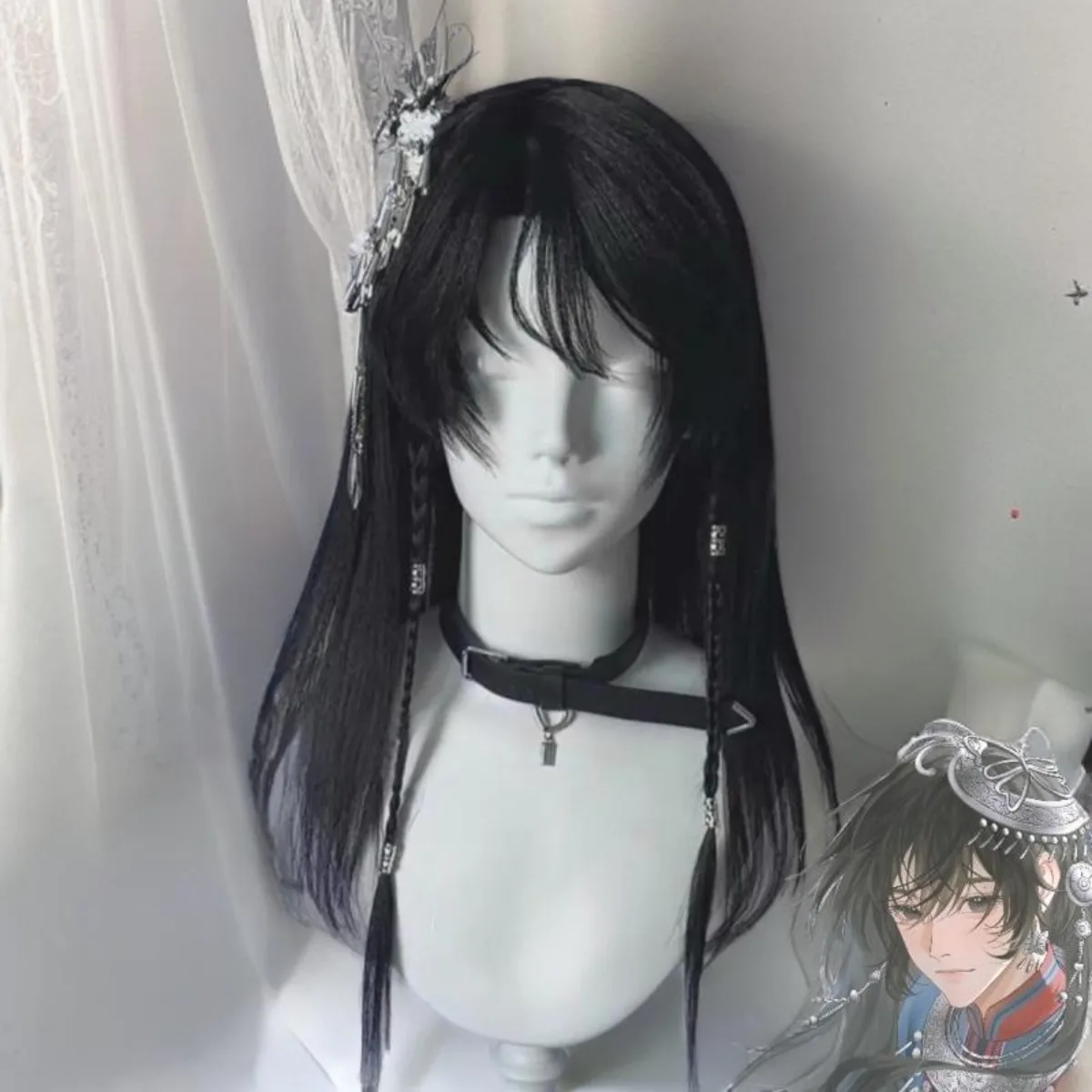 Shen Jianqing Perruque de cosplay de style chinois ancien : cheveux longs et raides avec frange de bande dessinée, casque complet