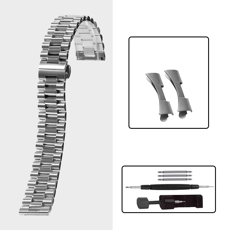 Pulseira universal de aço inoxidável sólido para seiko tag heuer rolex orient três contas pulseira com fecho borboleta