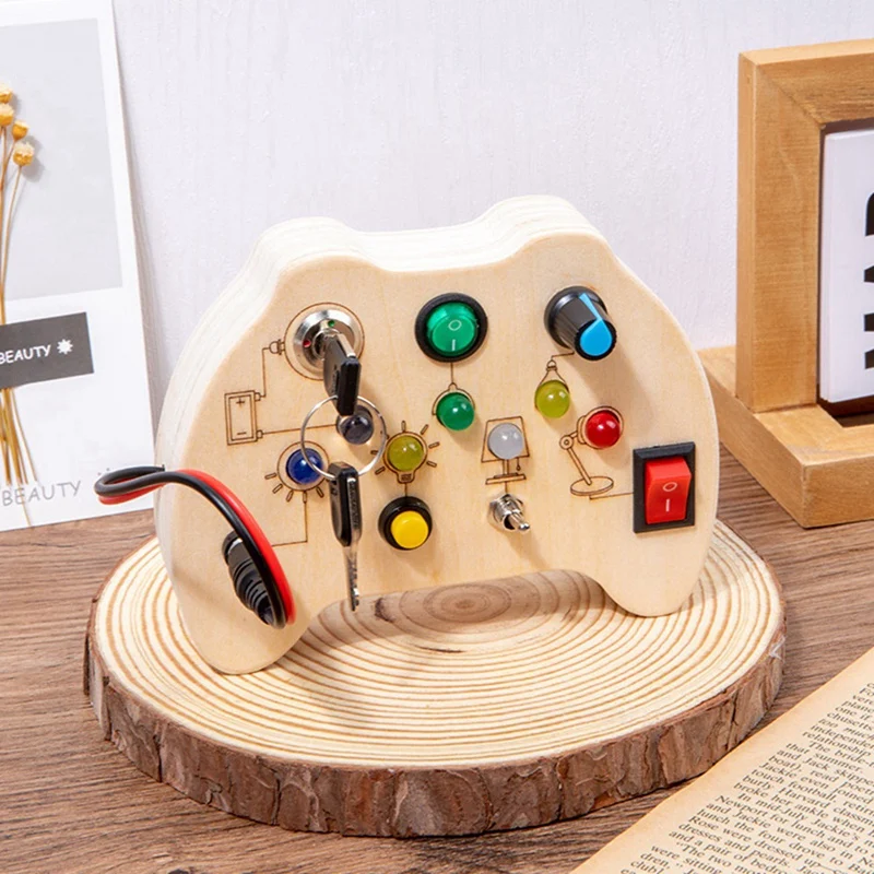 Kids Busy Board Montessori Toys Wooden With LED Light Switch Control Board Sensory Educational Games For 2-4 Years Old Durable