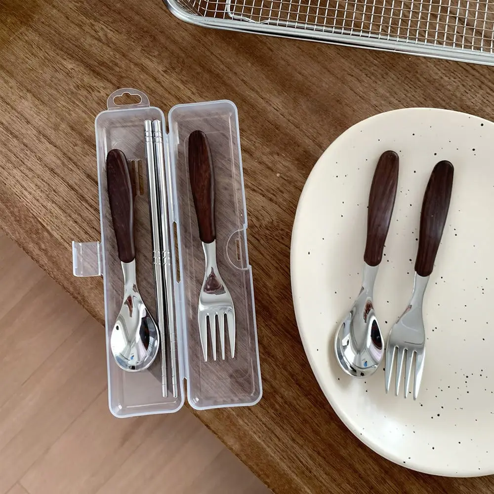 Portable Stainless Steel Cutlery Set Wood Pattern Tableware Chopsticks Spoon Fork With Case For Picnic Camping Hiking Trip