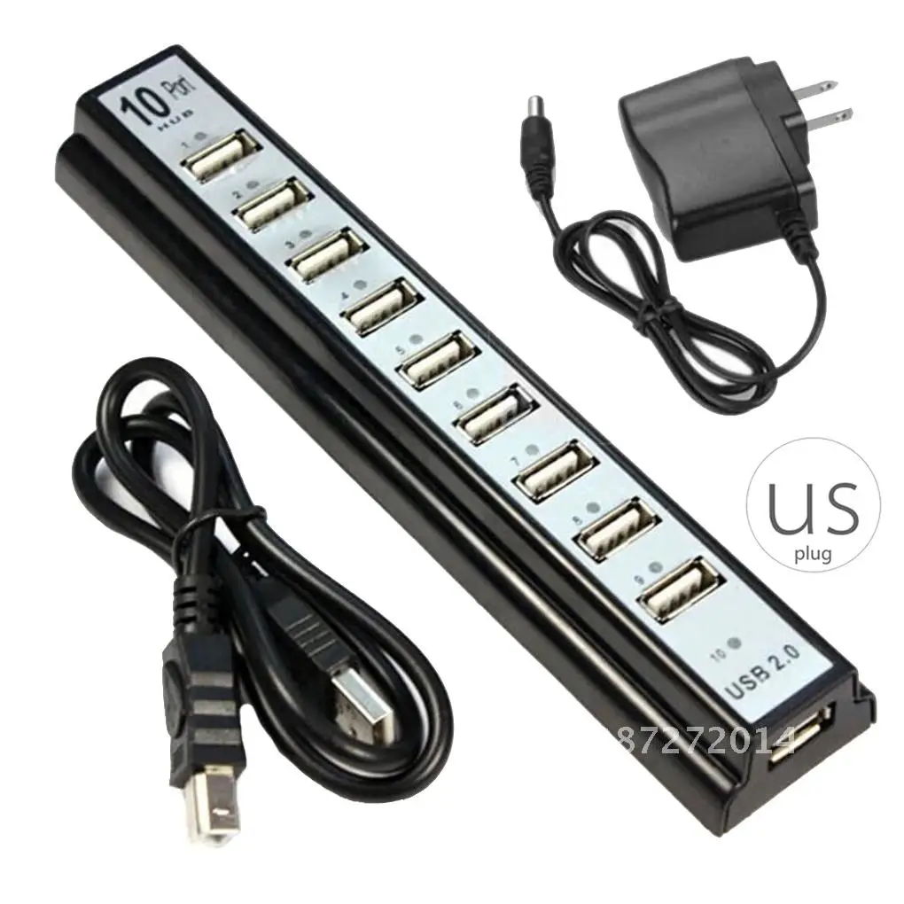 

USB Hub 10 Ports Multi USB Splitter EU/US Plug Power Adapter Multifunction Multiple Expander 2.0 USB Hub With Cable For PC